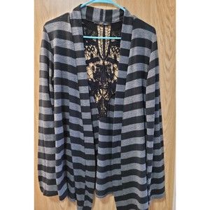 B'LEEV~Black/Gray Striped Open Sweater With Lace Back~Size XL